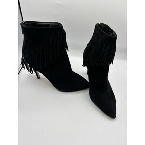 Saks Fifth Avenue Black Suede Fringe High Heel Booties Zip Western 8.5 Point Toe